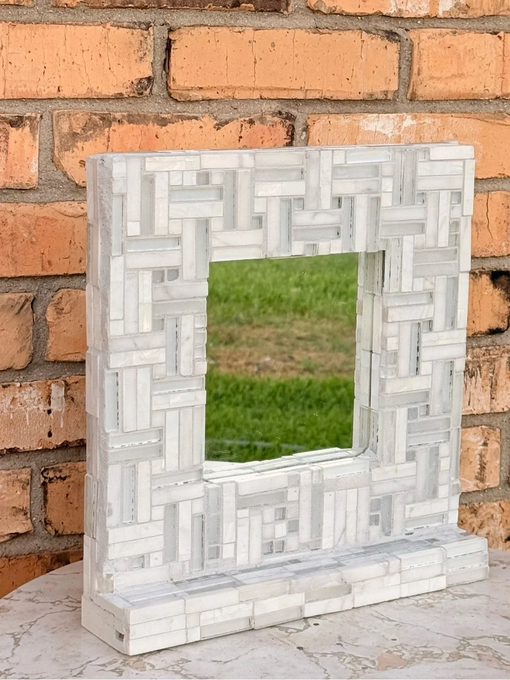 White Mosaic Tabletop Vanity Mirror- Modern Tiled Frame With 6x6” Inside Mirror